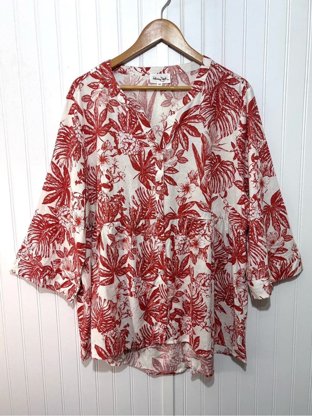 Panama Jack Tropical Floral Linen Blend Roll Tab Tunic Top 2X Coastal Beachy